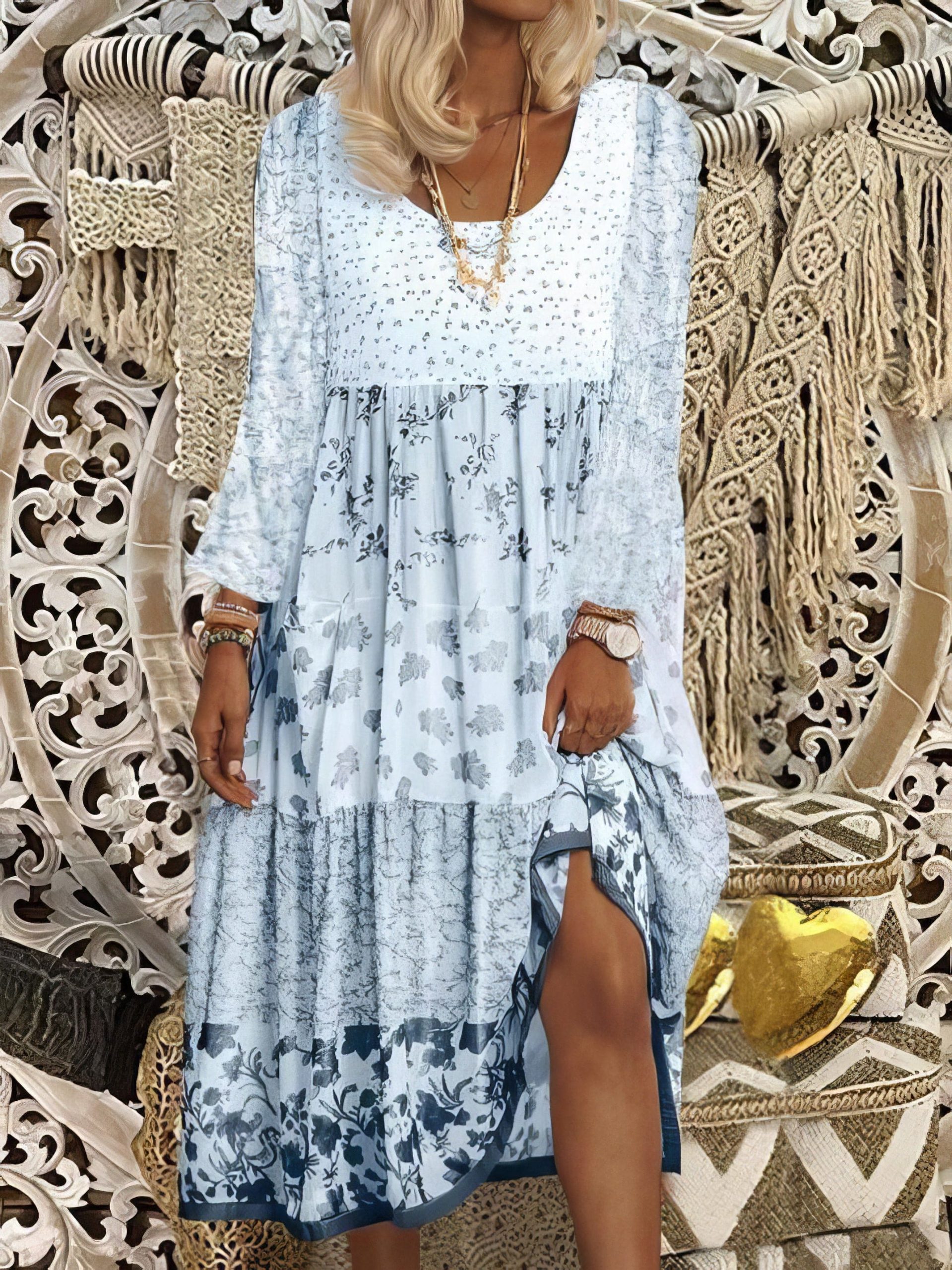 Casual Round Neck Print Long Sleeve Dress - Image 3