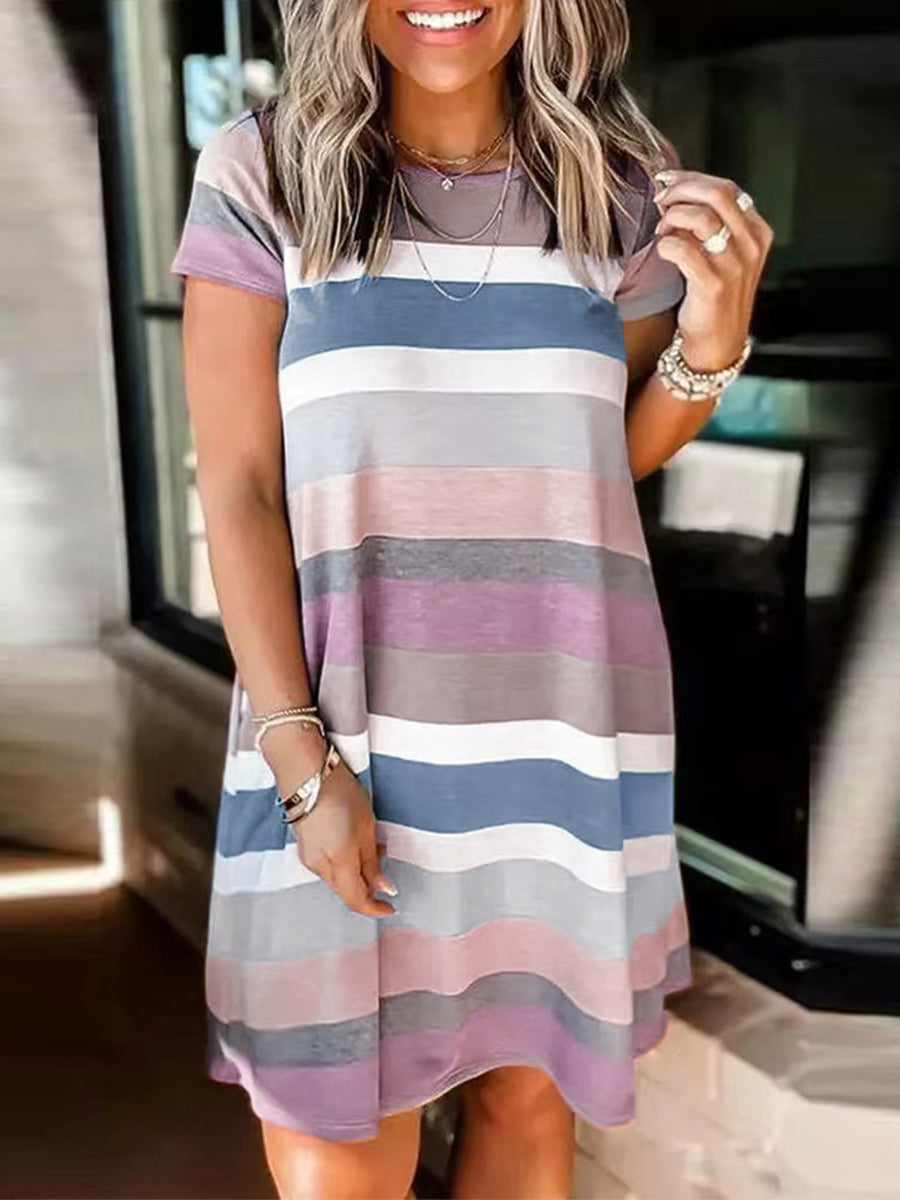 Stylish Striped Print Short Sleeve Mini Dress - Image 17