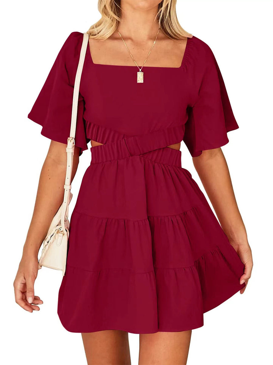 Shy Velvet Crossover Waist Casual Party Square Neck Short Sleeves Mini Dress - Image 6