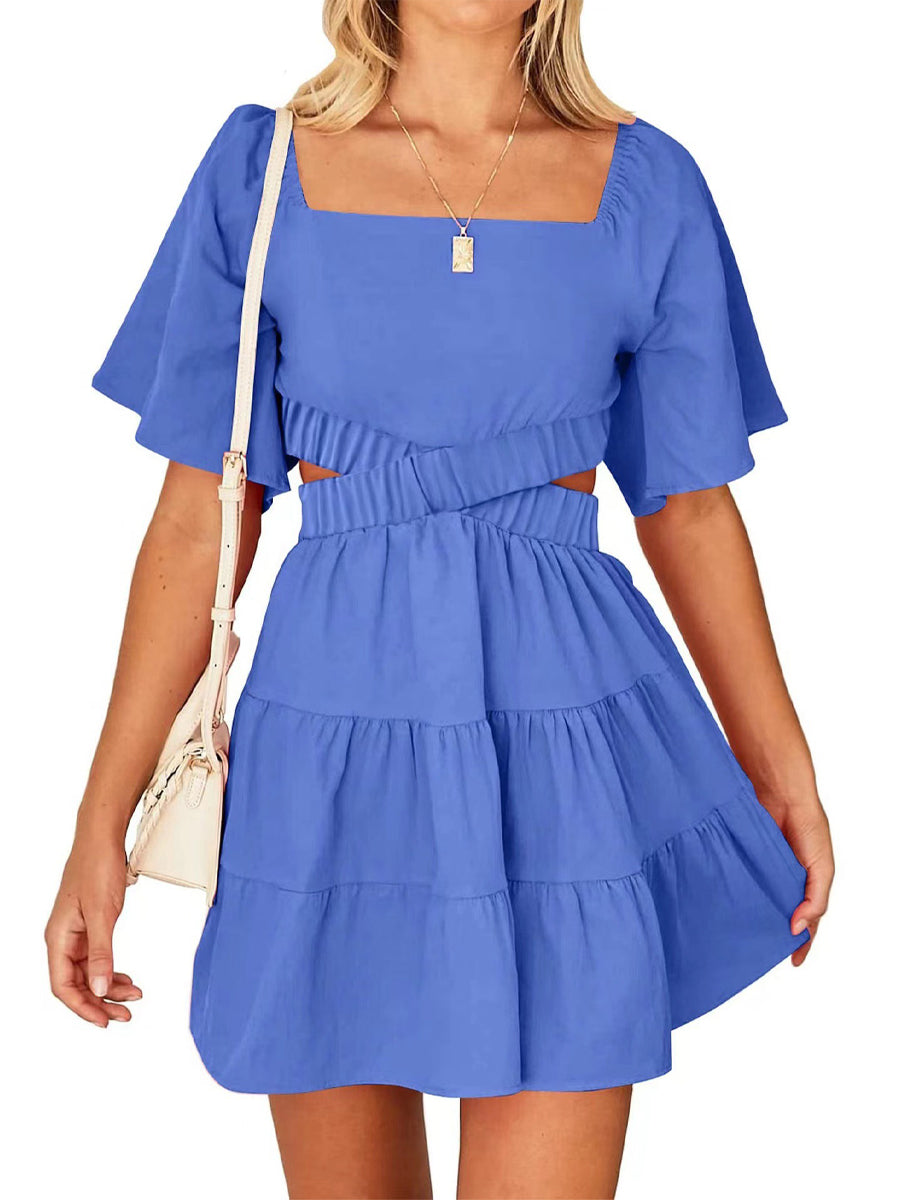 Shy Velvet Crossover Waist Casual Party Square Neck Short Sleeves Mini Dress - Image 7