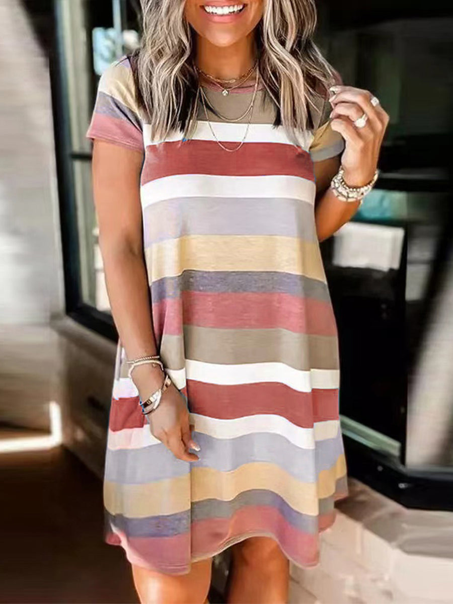 Stylish Striped Print Short Sleeve Mini Dress - Image 13