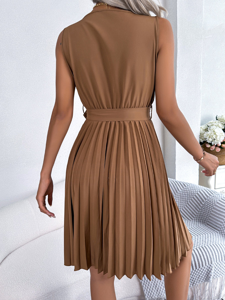 Elegant Cross V-Neck Sleeveless Pleated Waist Mini Dress - Image 3