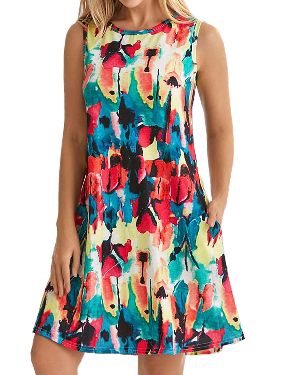 Comfortable Floral Print And Pockets Loose Fit Sleeveless Mini Dress - A-Line - Jewel