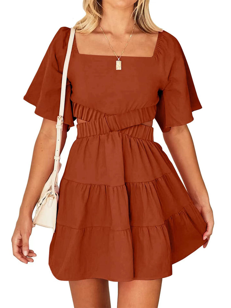 Shy Velvet Crossover Waist Casual Party Square Neck Short Sleeves Mini Dress - Image 4