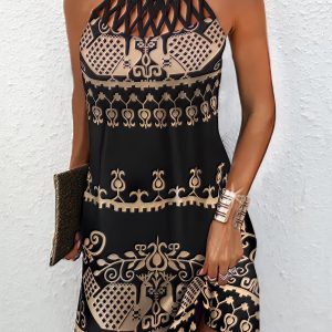 Casual Shift Sleeveless Floral Ruched Halter Vintage Ethnic Mini Dress
