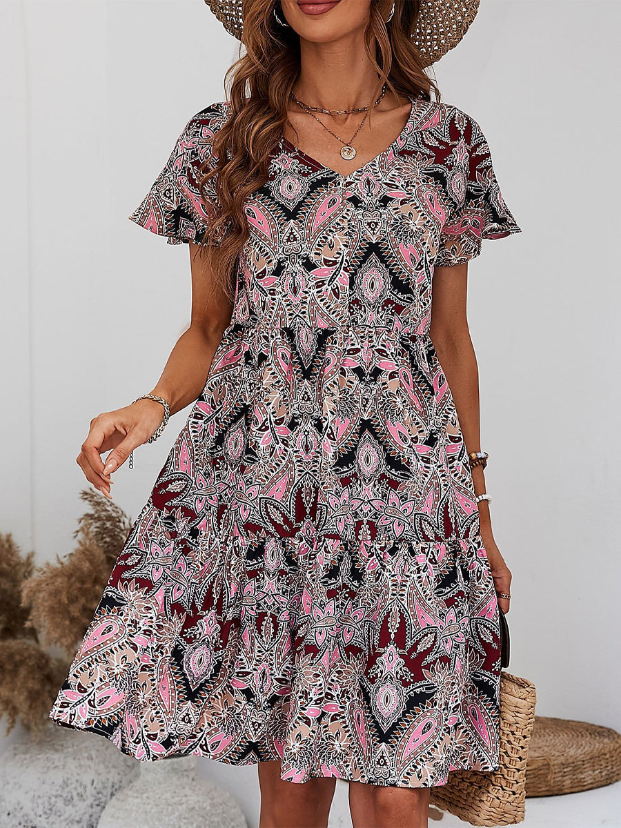 Printed V-Neck Tiered Mini Dress - Image 3