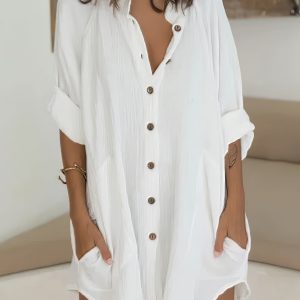 Shirt Casual Basic Loose Fit Long Sleeve Mini Dress