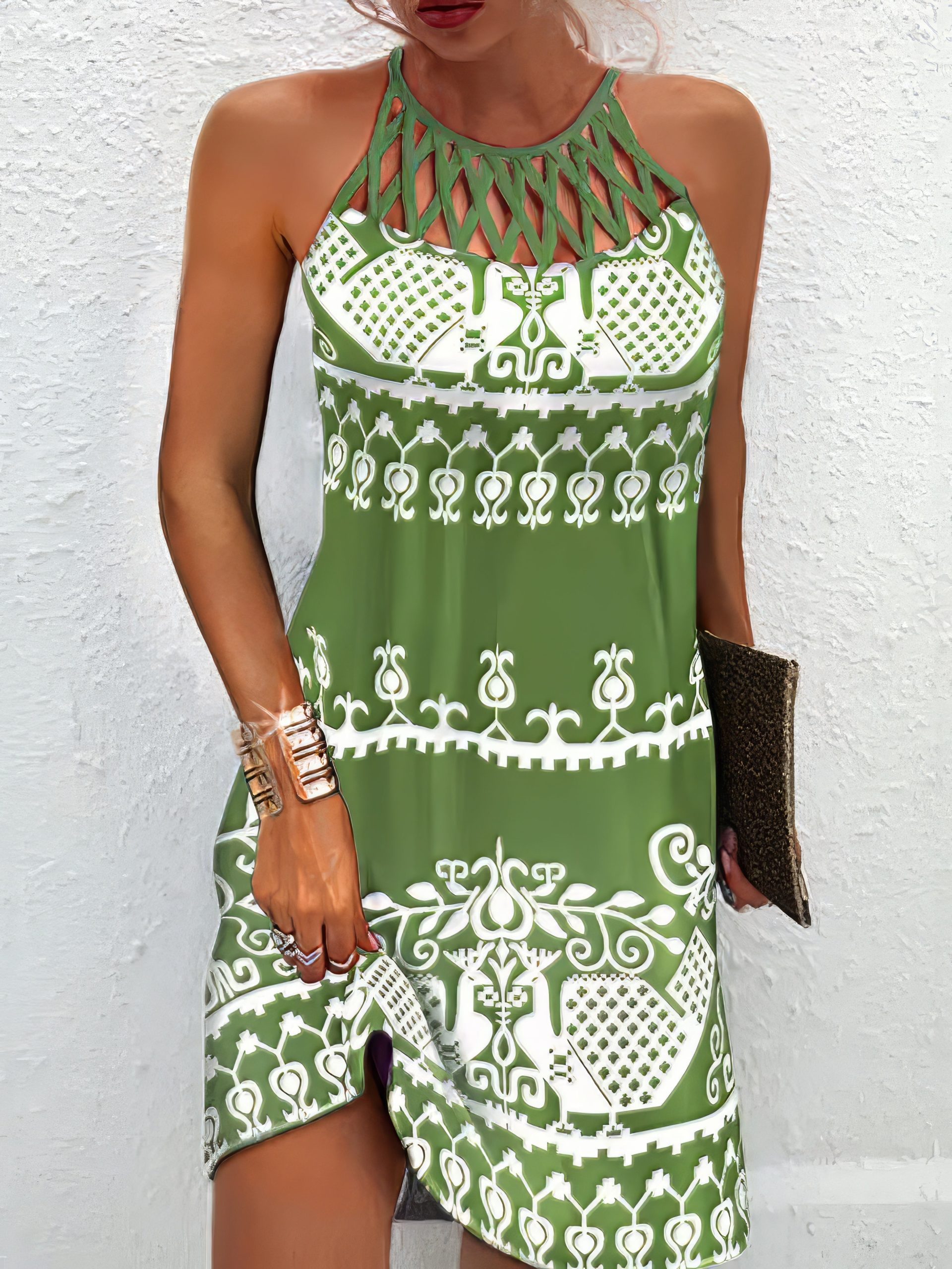Casual Shift Sleeveless Floral Ruched Halter Vintage Ethnic Mini Dress - Image 6