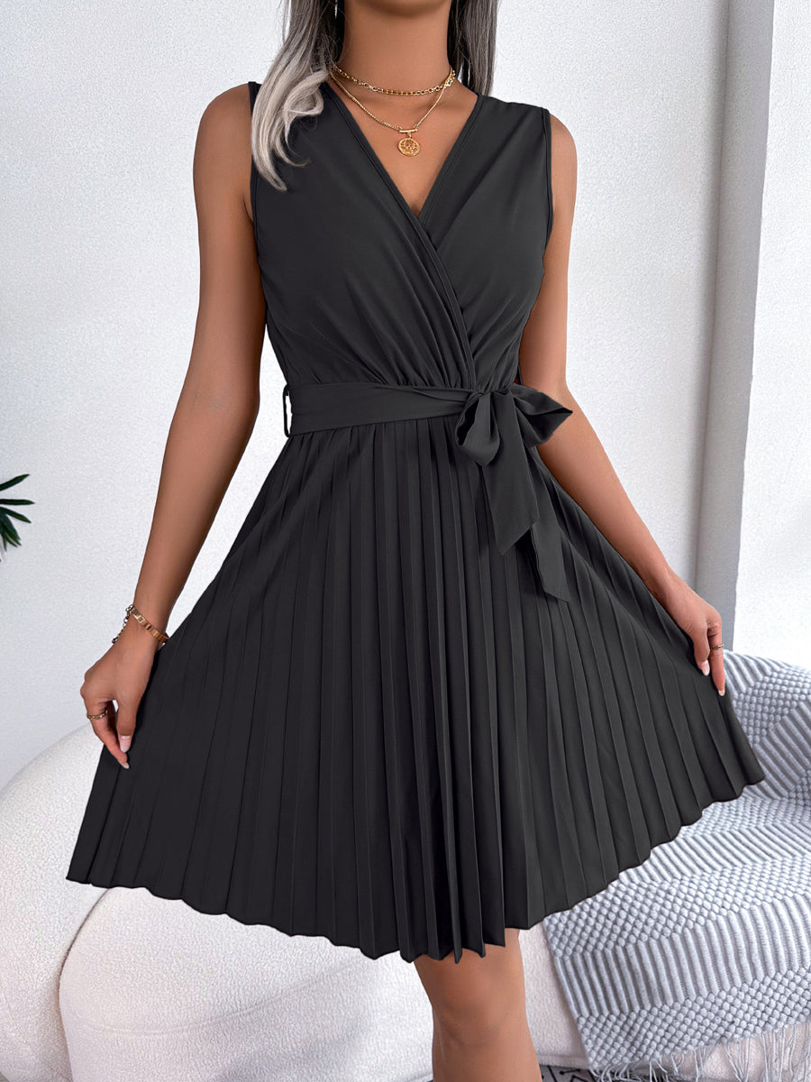 Elegant Cross V-Neck Sleeveless Pleated Waist Mini Dress - Image 8