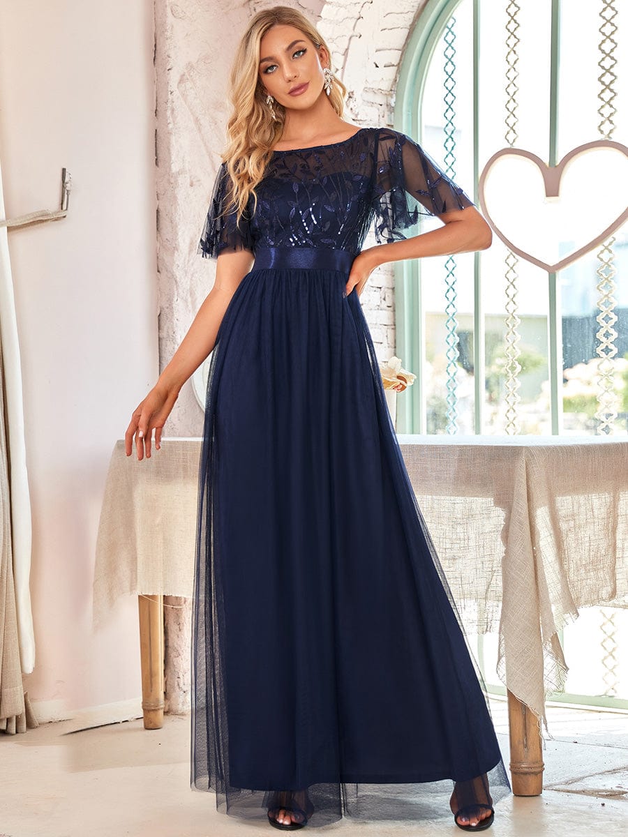 Shimmering Sequin Printed Cap Sleeve Evening Gown - Image 12