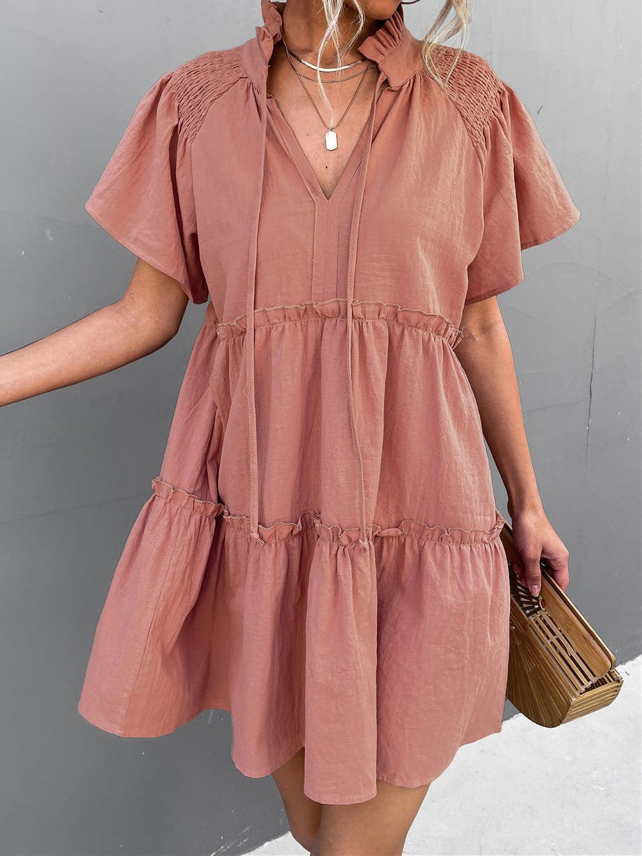 Stylish Pleated V-Neck Dress with Belt and Short Sleeves - Image 4