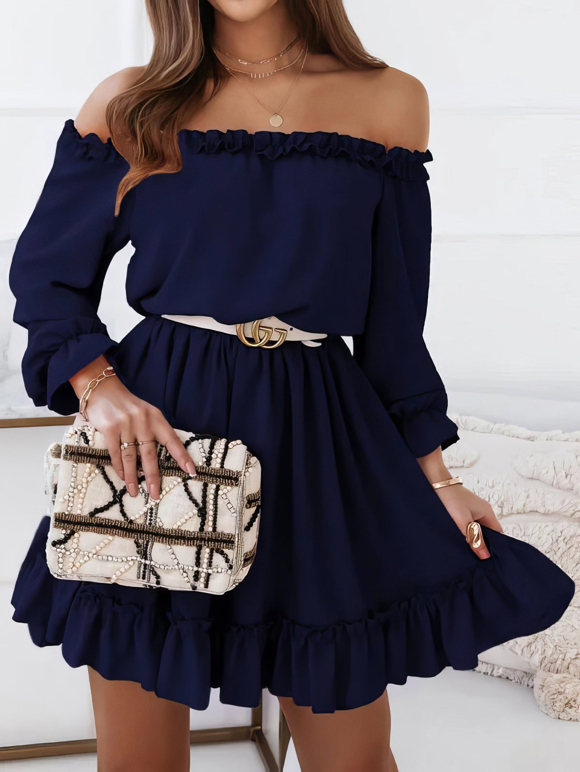 One-Shoulder Elastic Waist Long Sleeve Dress - Image 6