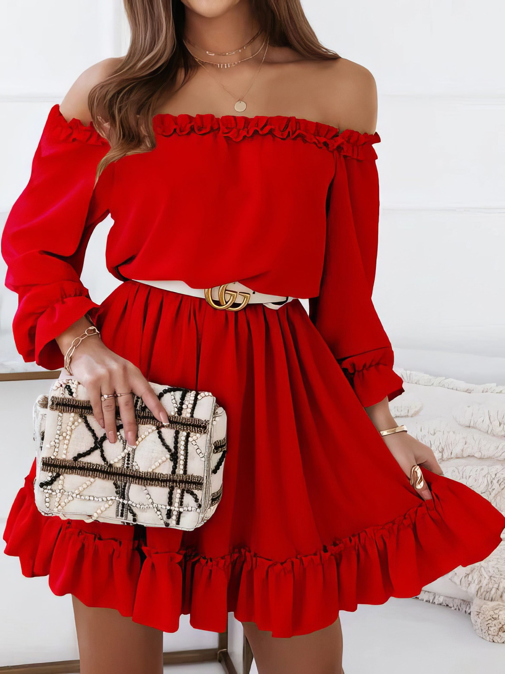 One-Shoulder Elastic Waist Long Sleeve Dress - Image 2