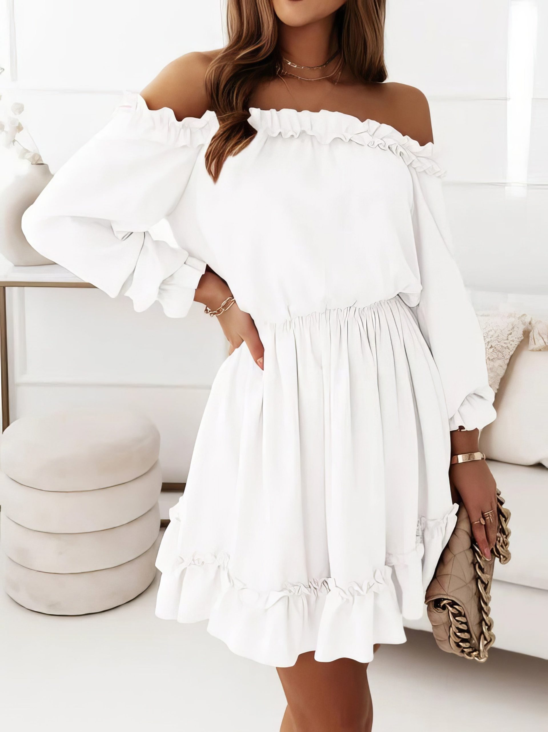 One-Shoulder Elastic Waist Long Sleeve Dress - Image 9
