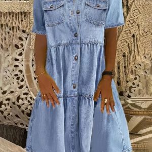 Down Loose Short Sleeve Denim Jean Dress