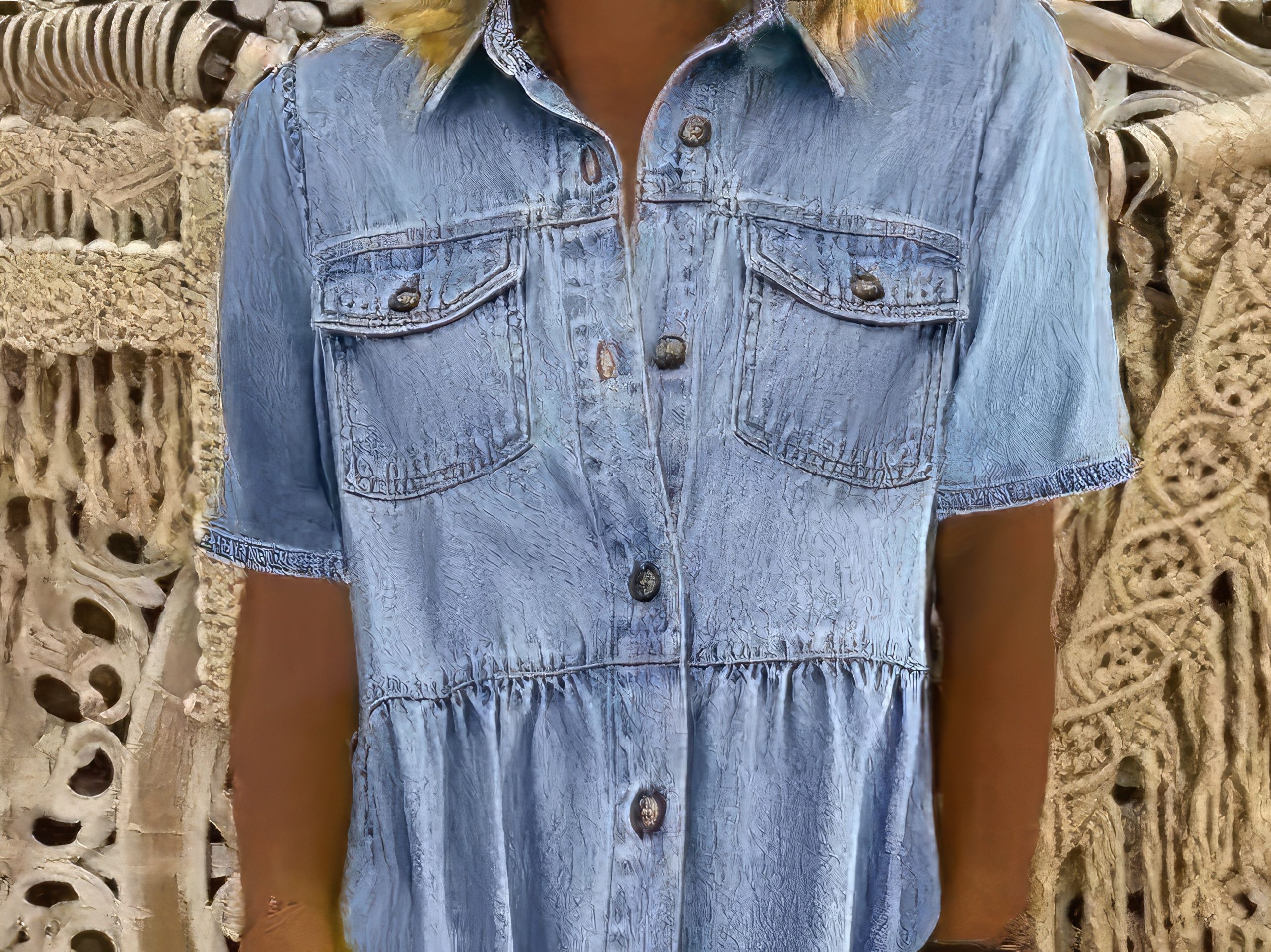 Down Loose Short Sleeve Denim Jean Dress - Image 2