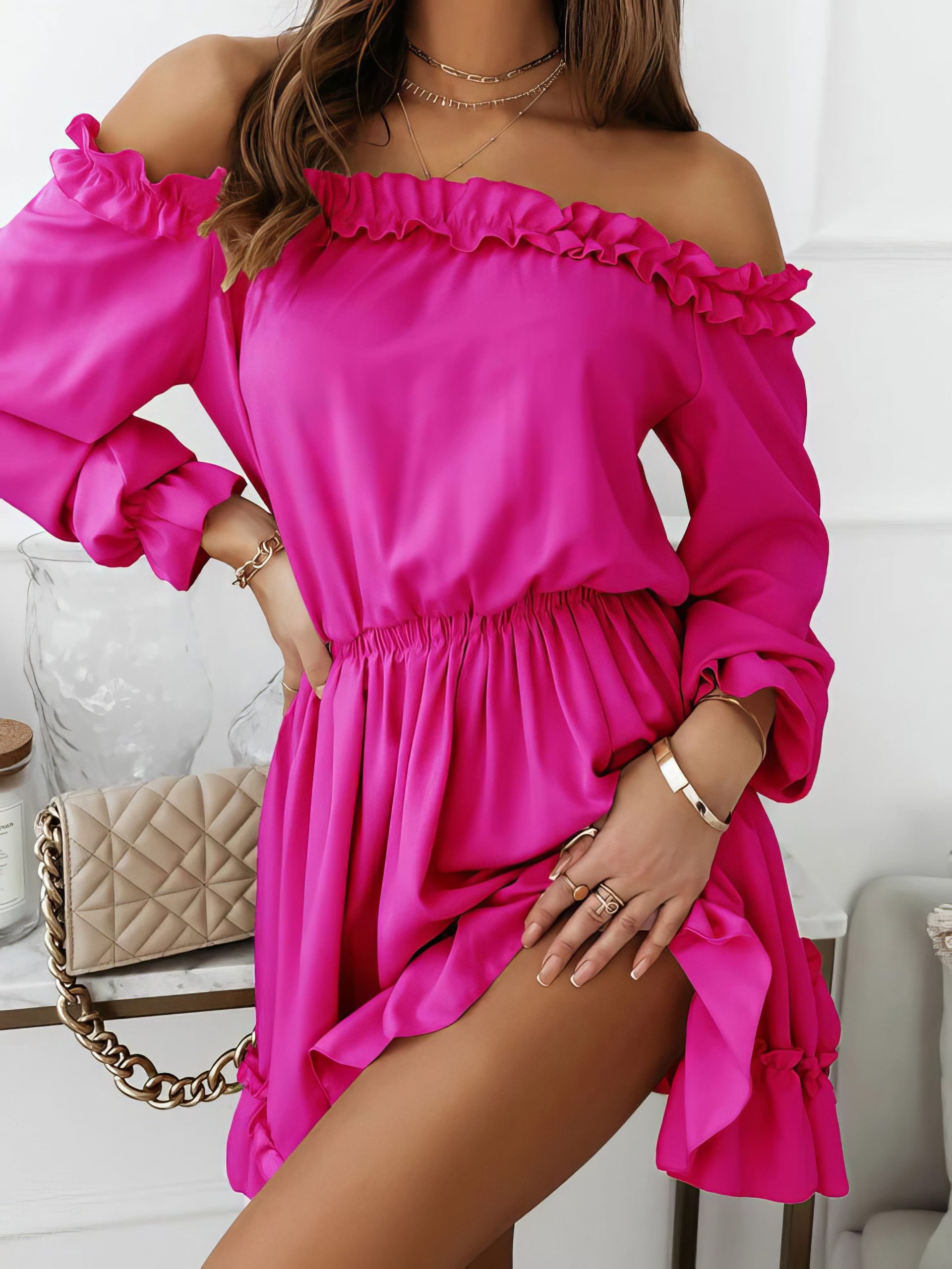 One-Shoulder Elastic Waist Long Sleeve Dress - Image 8