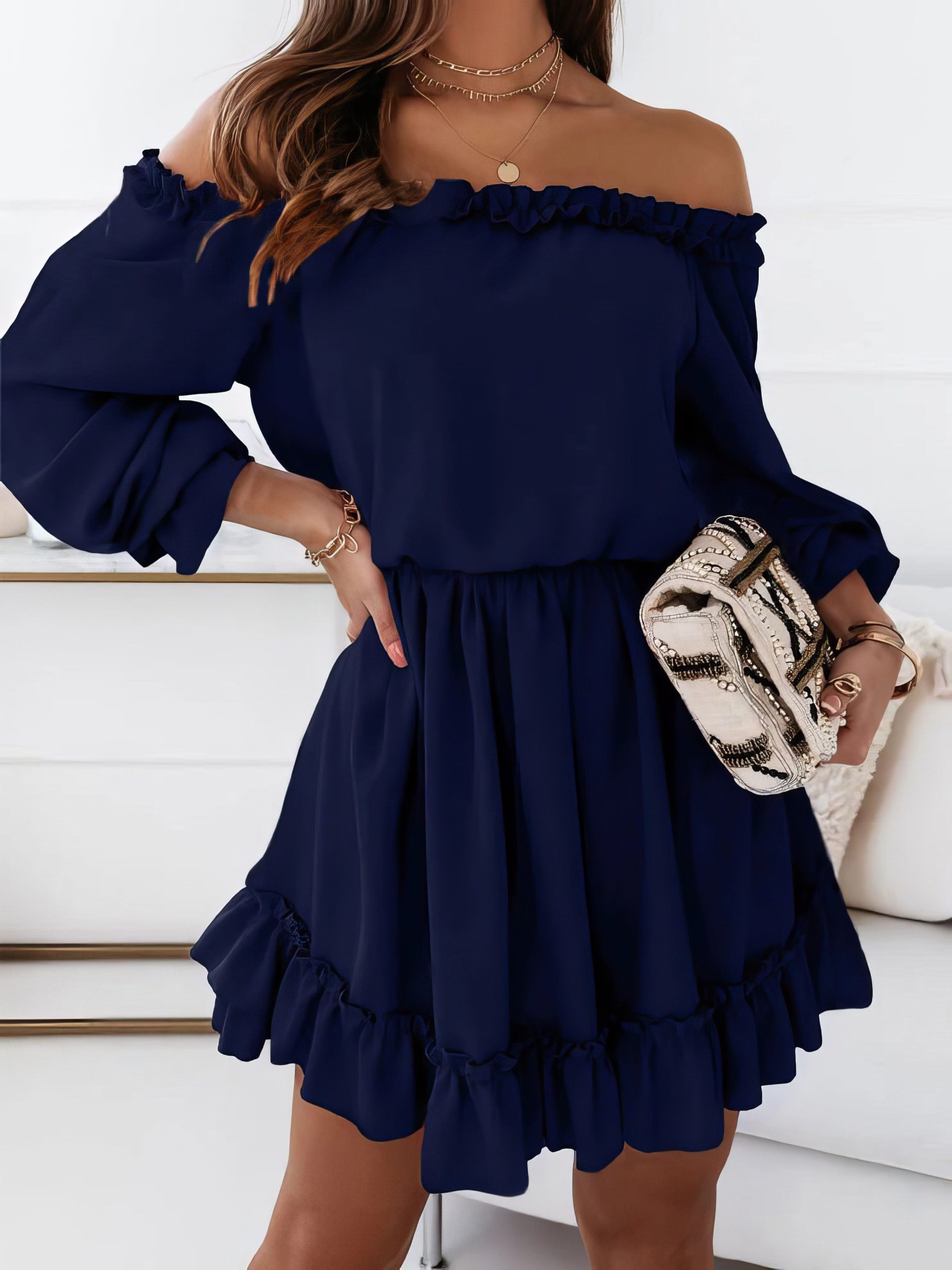 One-Shoulder Elastic Waist Long Sleeve Dress - Image 10