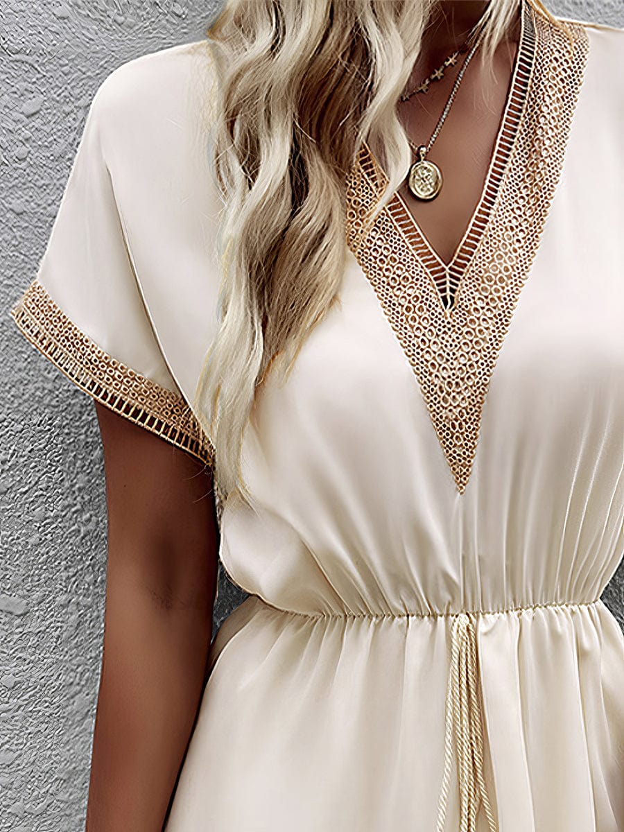 Casual Holiday Lace Stitching Waist V Neck Mini Dress - Image 14