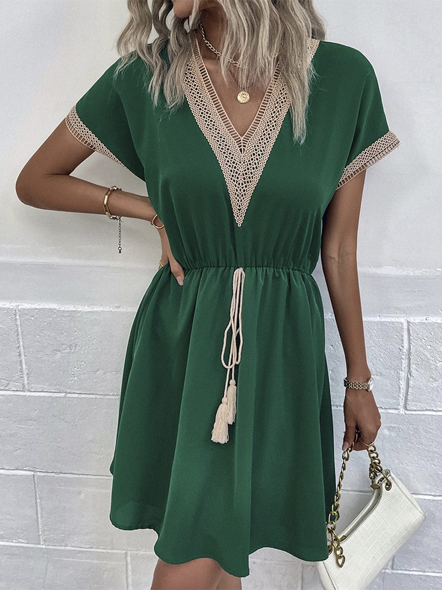 Casual Holiday Lace Stitching Waist V Neck Mini Dress - Image 12