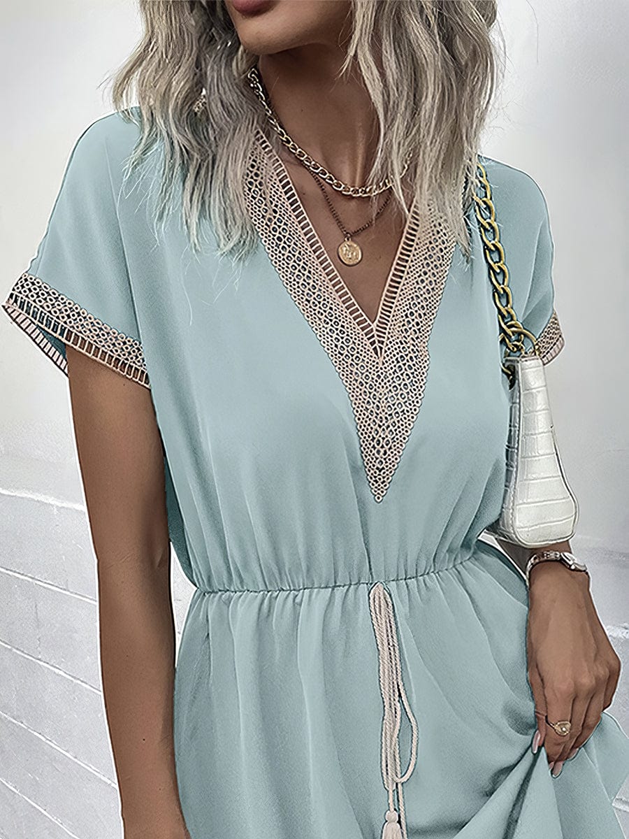 Casual Holiday Lace Stitching Waist V Neck Mini Dress - Image 6