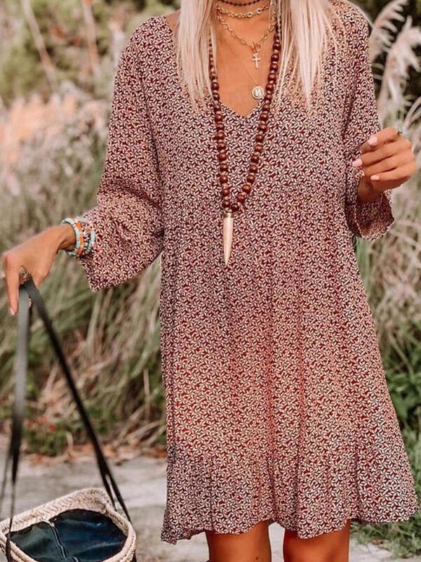 Casual Print Knee Long Sleeve Tunic Dresses - Image 6