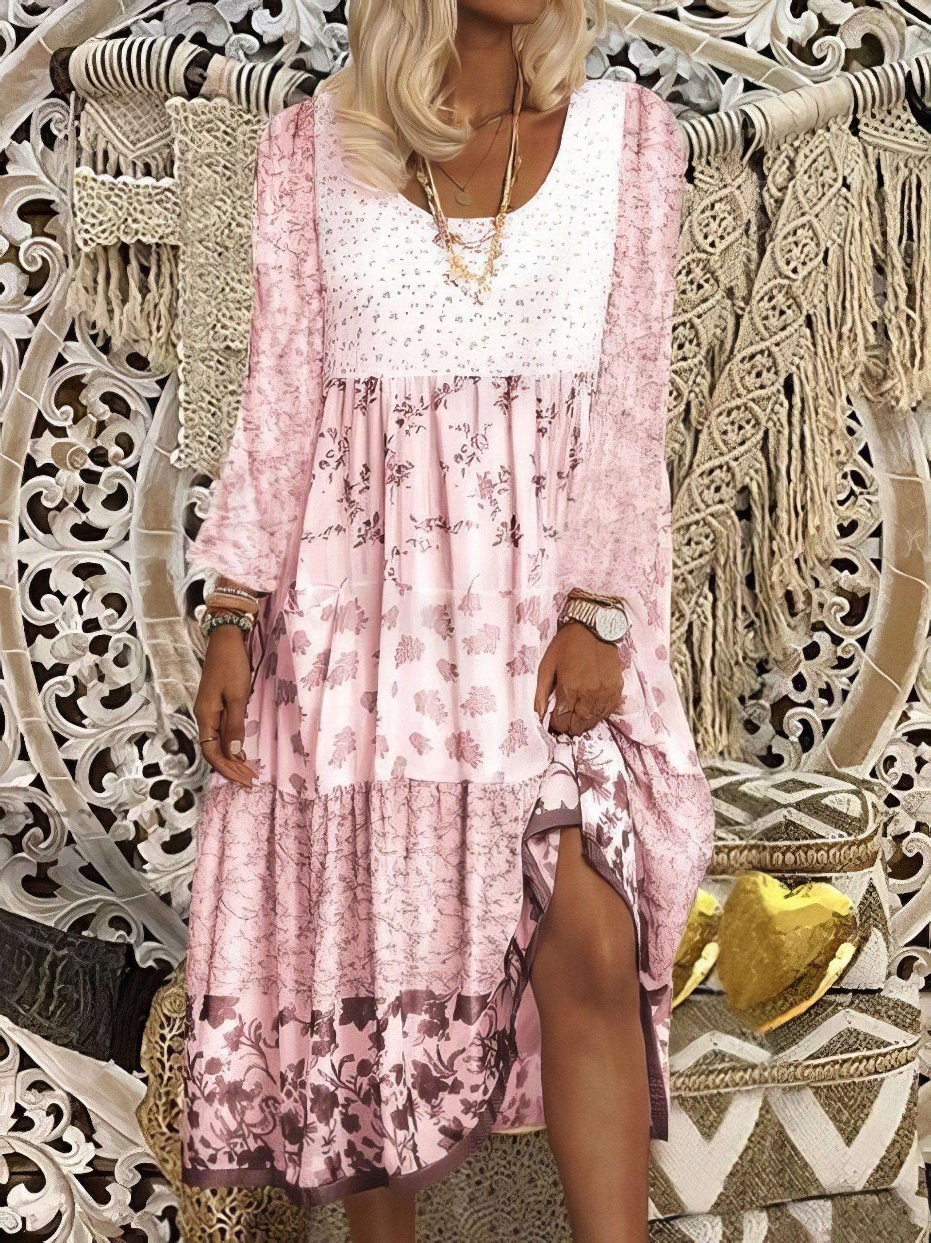 Casual Round Neck Print Long Sleeve Dress - Image 4