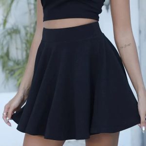 Casual Solid High Waist Pleated Skate Skirt Mini Dress