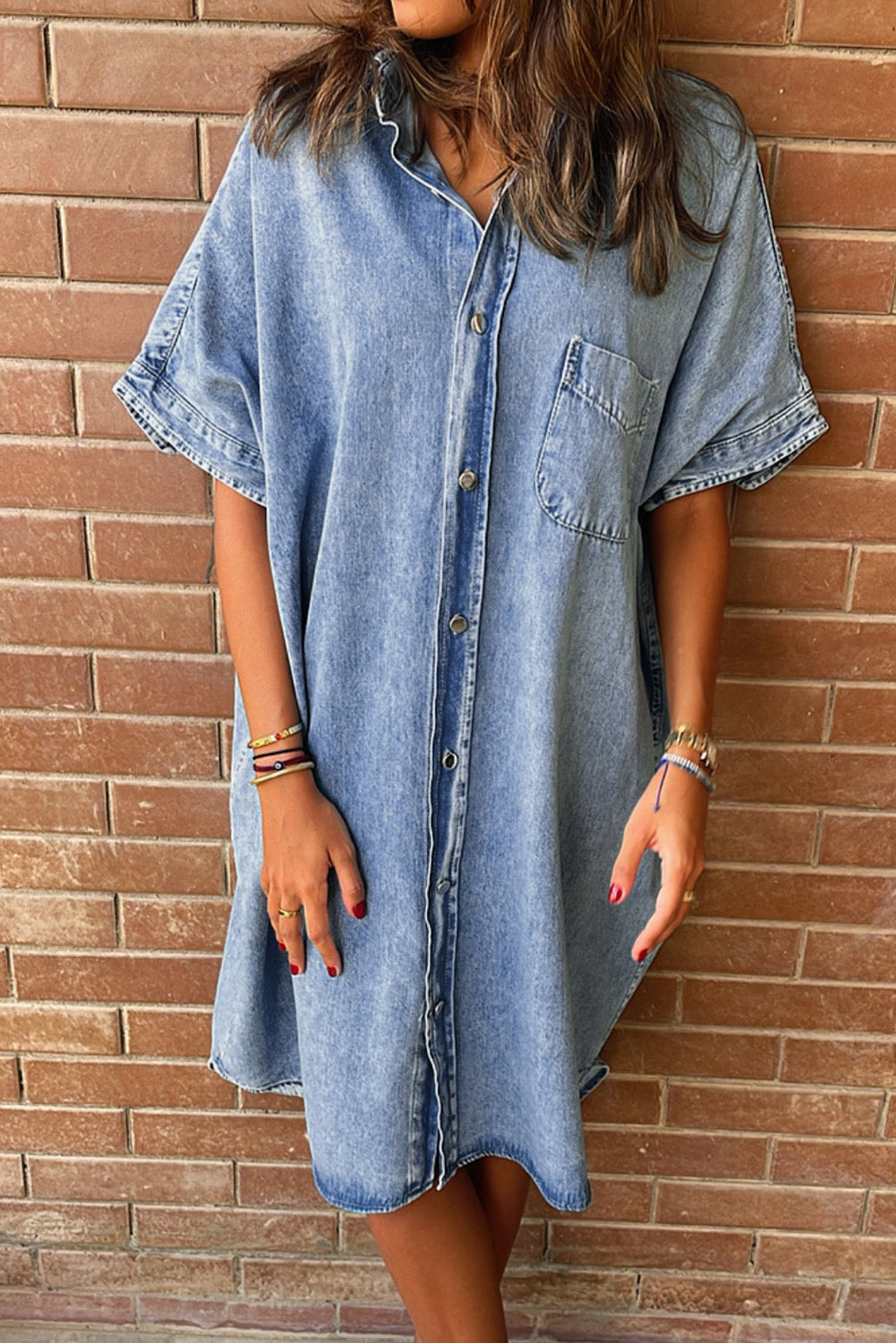 Denim Shirt Dress with Button Pockets - Image 3