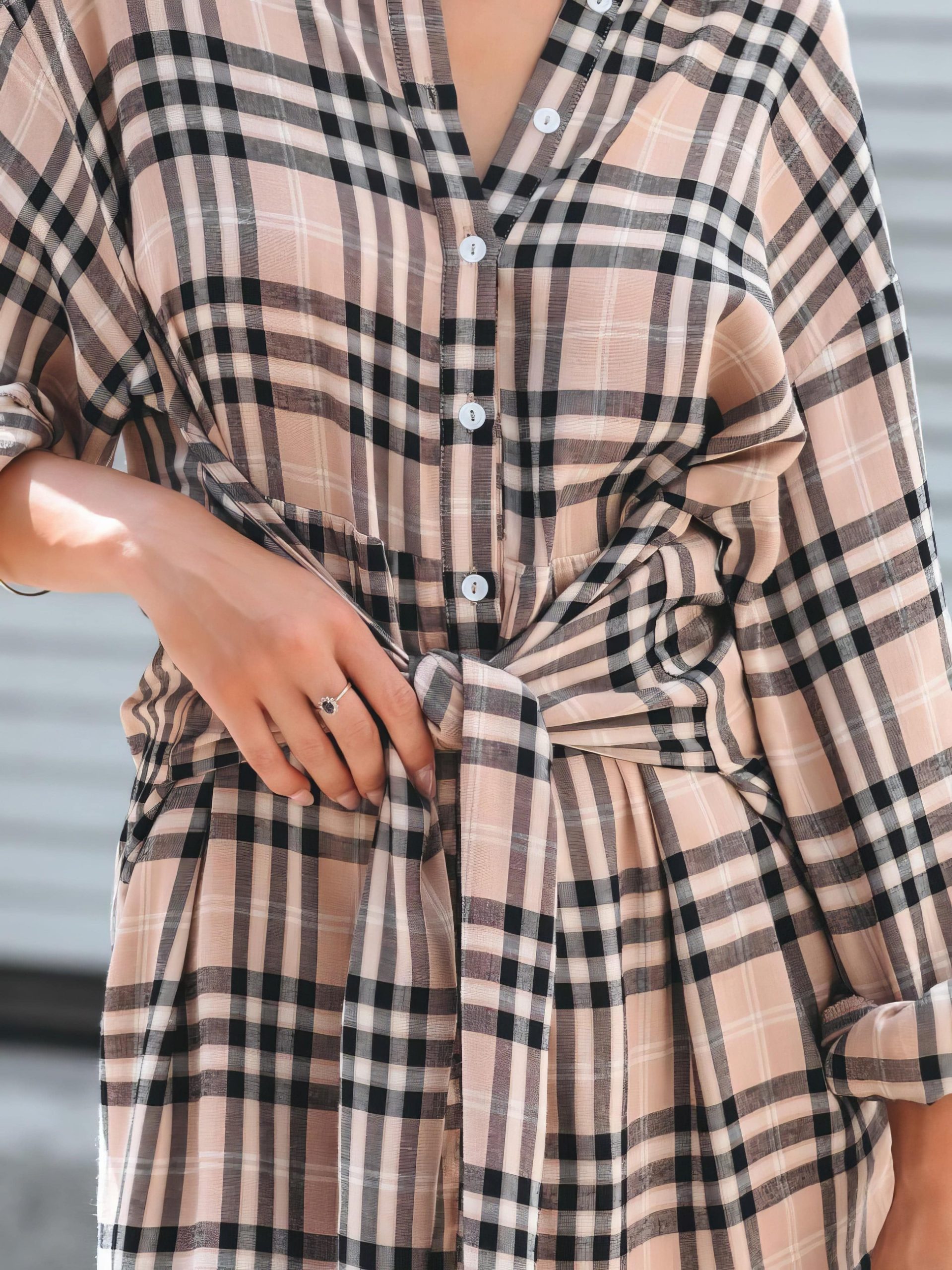 Check Print Buttons Lace-Up Shirt Dress - Image 12