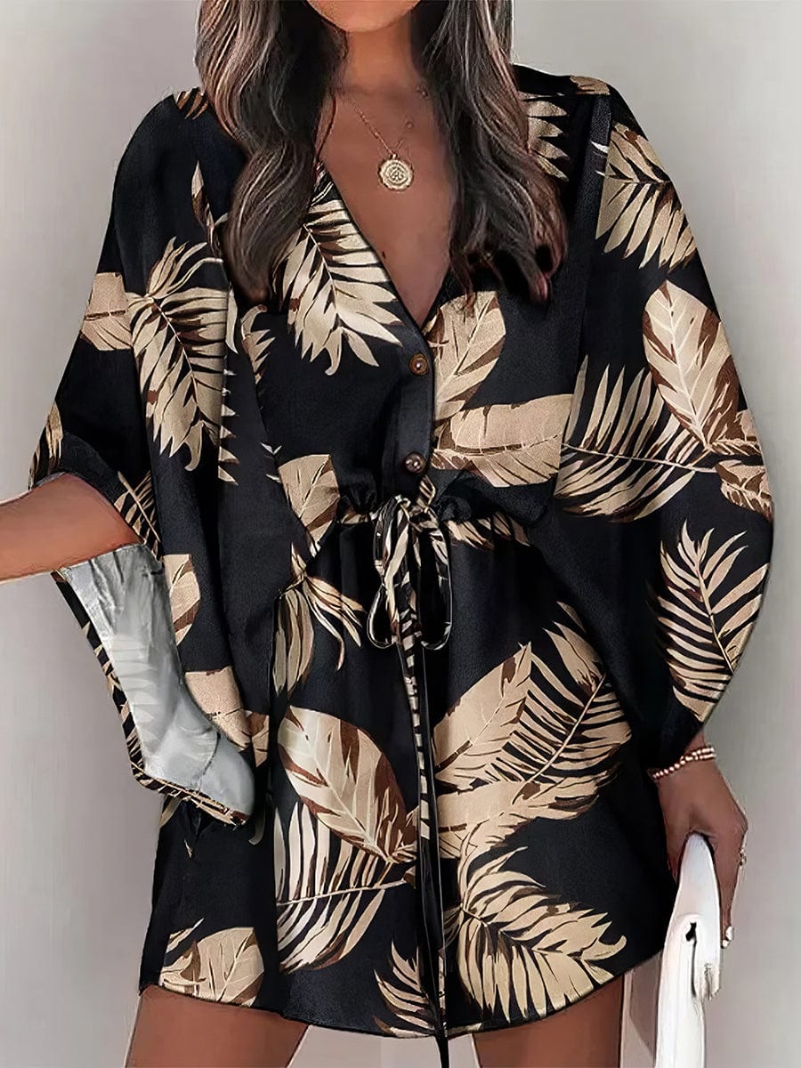 Chic Deep V Neck Printed Mini Dress with Button Detail - Image 3