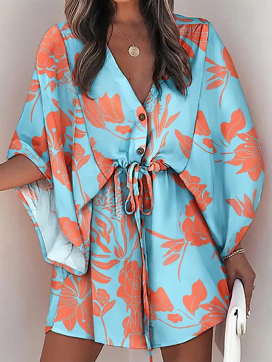 Chic Deep V Neck Printed Mini Dress with Button Detail
