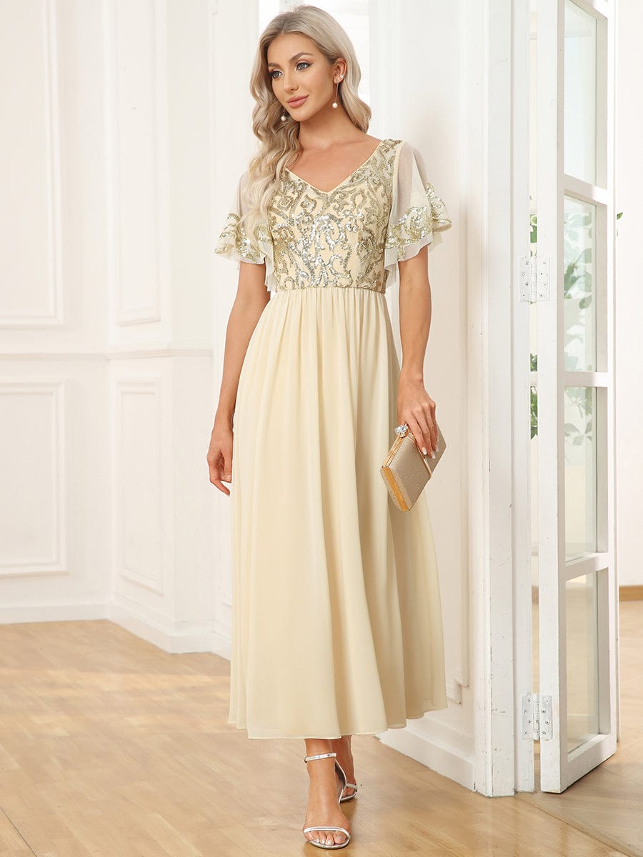 Chic V-Neck Mother of the Bride Dress with Short Ruffles Sleeves - Image 10