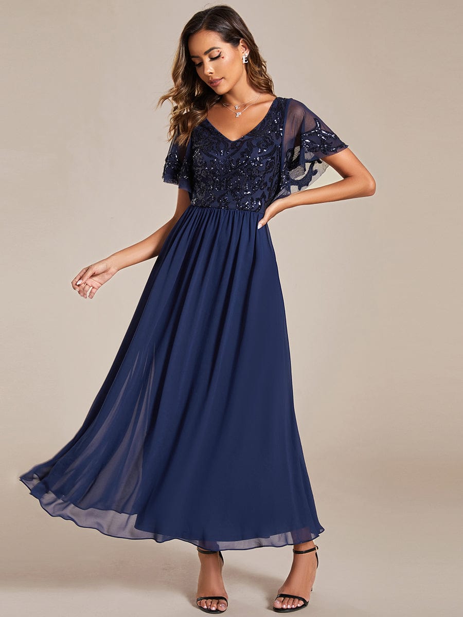 Chic V-Neck Mother of the Bride Dress with Short Ruffles Sleeves - Image 17