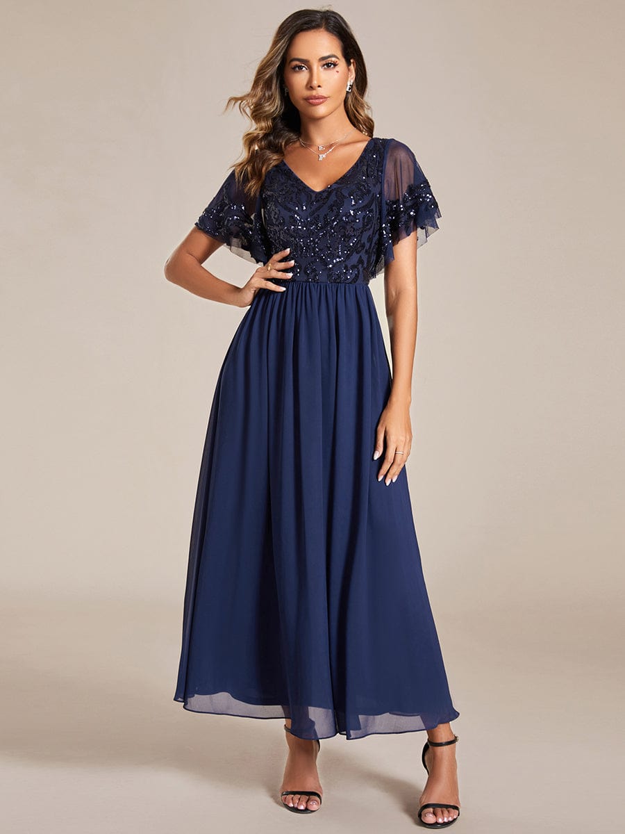 Chic V-Neck Mother of the Bride Dress with Short Ruffles Sleeves - Image 21