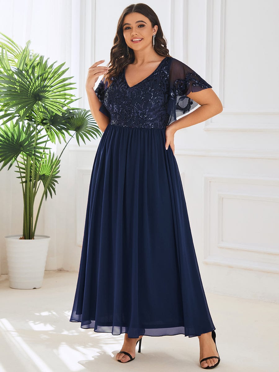 Chic V-Neck Mother of the Bride Dress with Short Ruffles Sleeves - Image 24