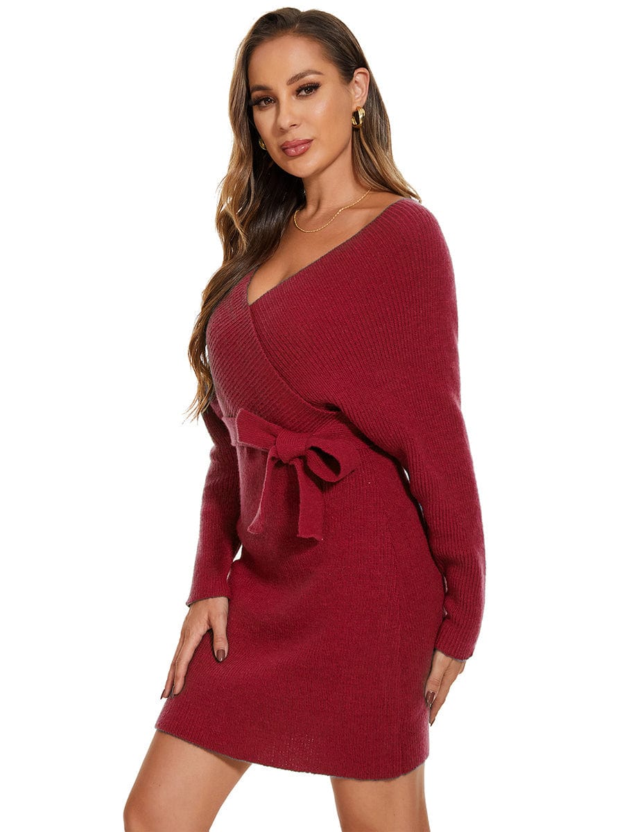 Chic V Neck Sweater Dress With Belt - Image 3