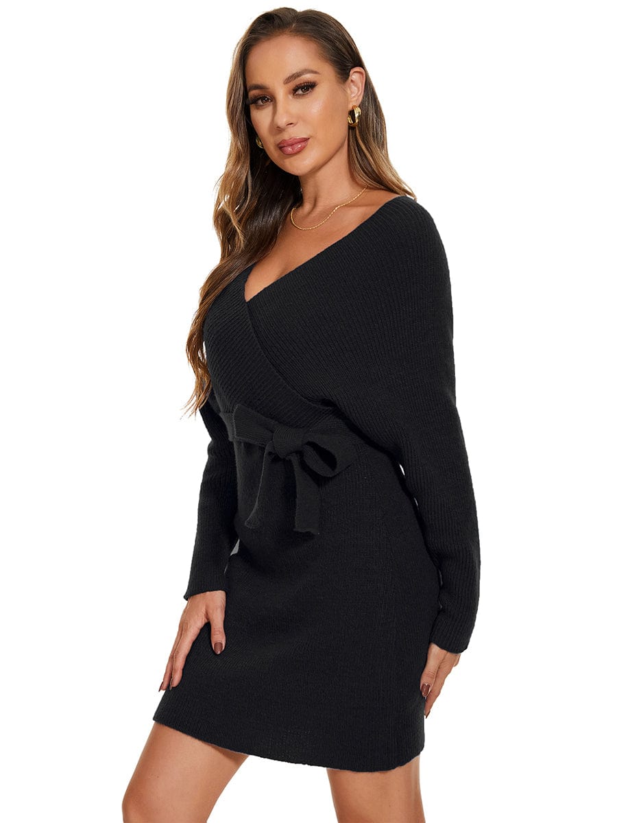 Chic V Neck Sweater Dress With Belt - Image 8