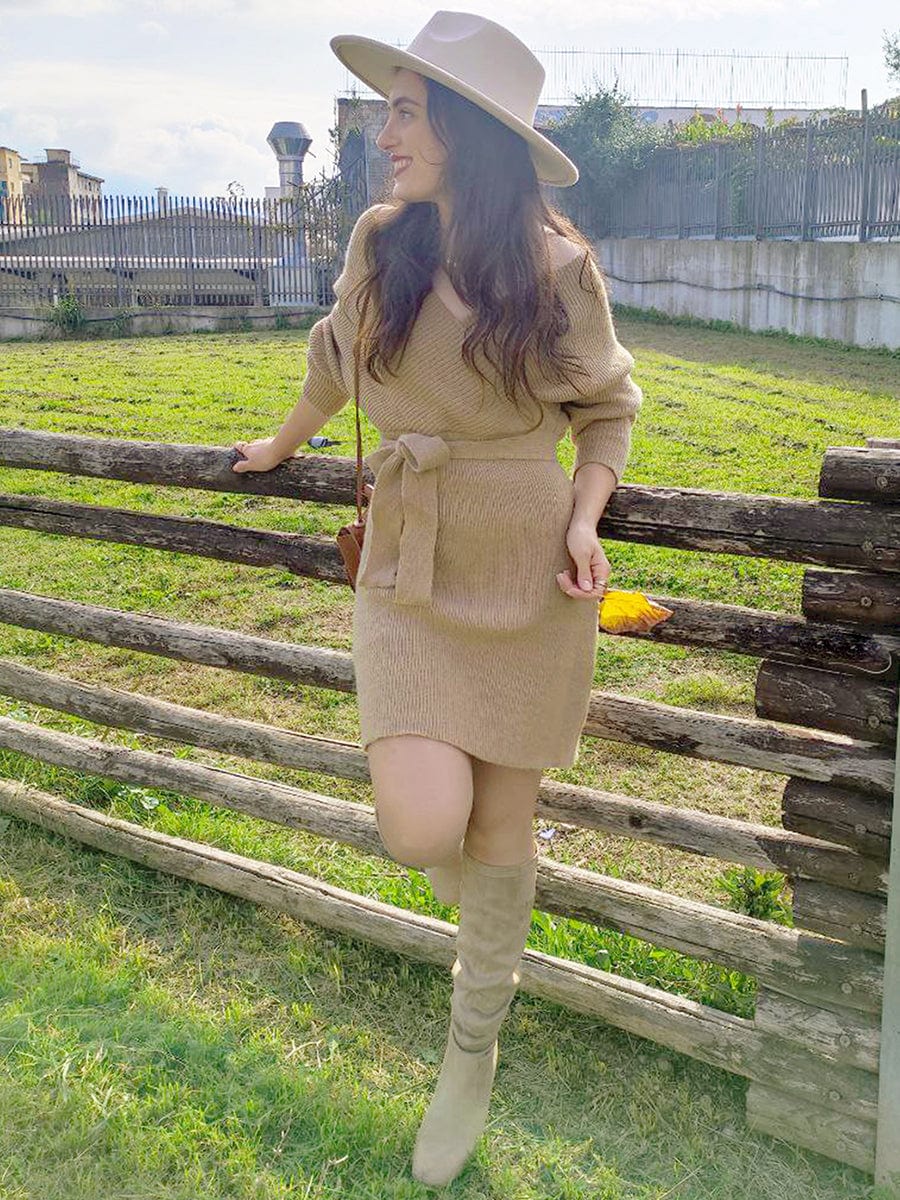 Chic V Neck Sweater Dress With Belt - Image 14