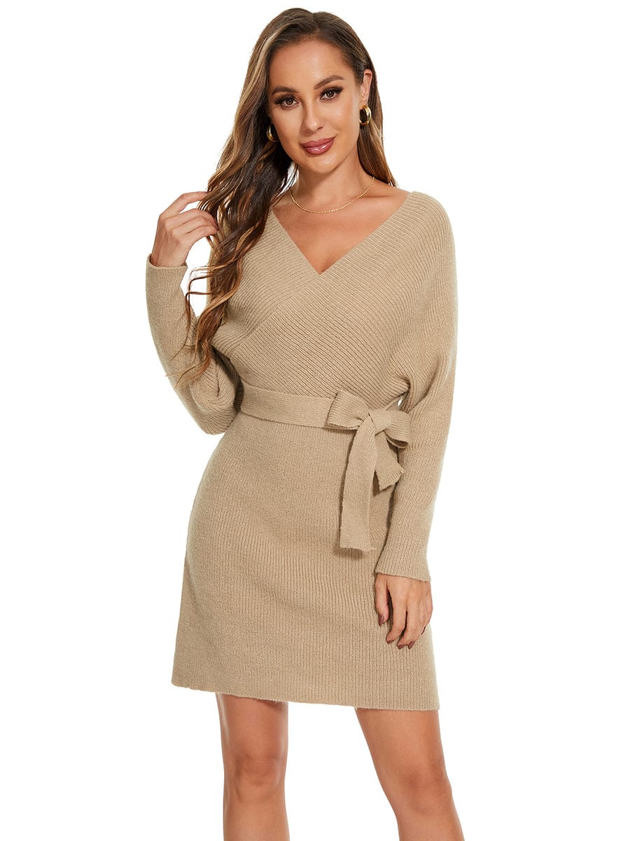 Chic V Neck Sweater Dress With Belt - Image 17