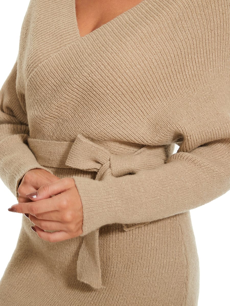 Chic V Neck Sweater Dress With Belt - Image 20