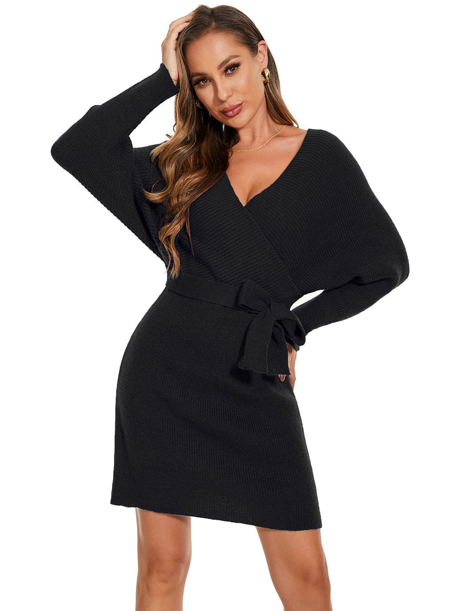 Chic V Neck Sweater Dress With Belt - Image 10