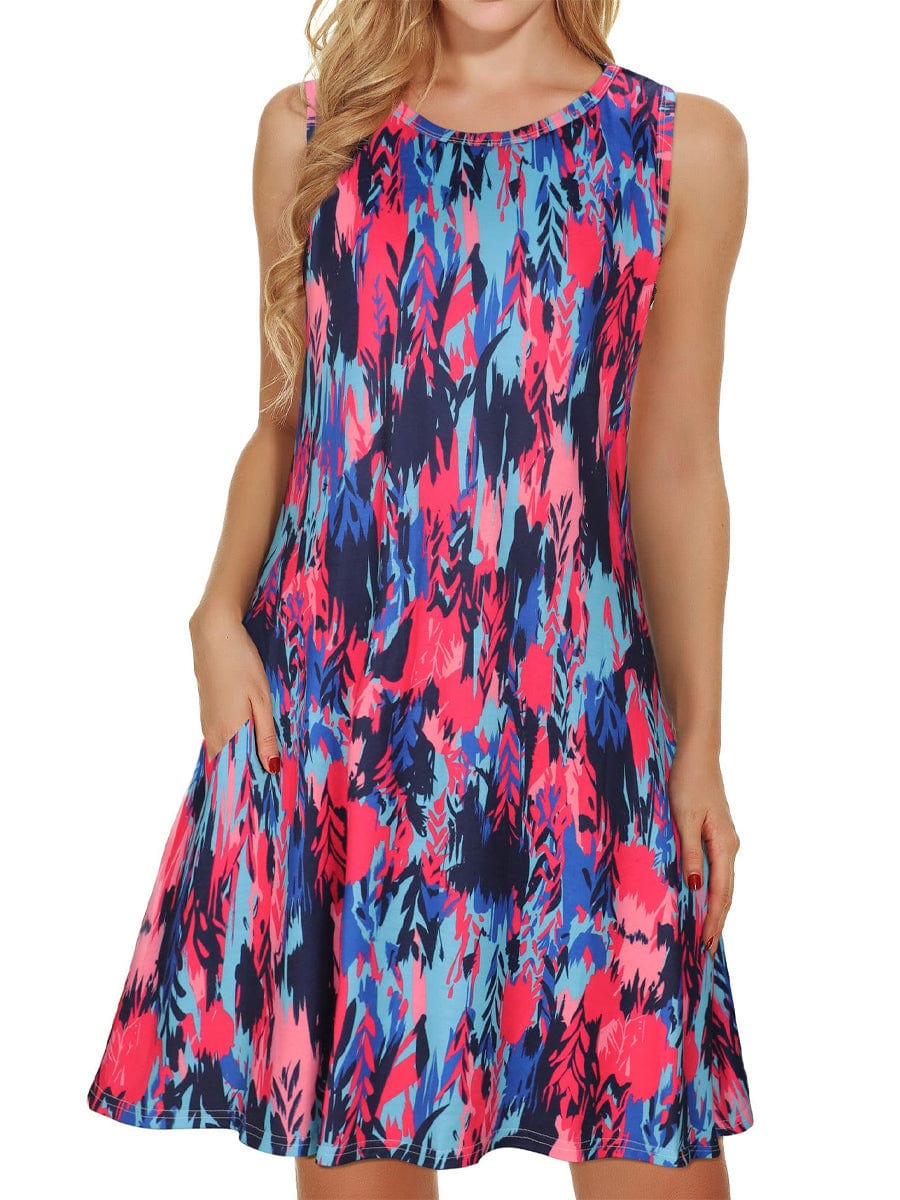 Comfortable Floral Print And Pockets Loose Fit Sleeveless Mini Dress - A-Line - Jewel - Image 8