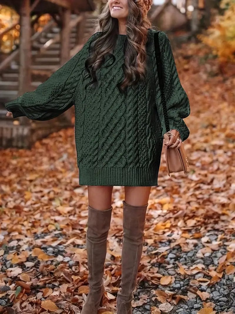 Cozy Cable Knit Long Sleeve Crew Neck Sweater Mini Dress - Image 7