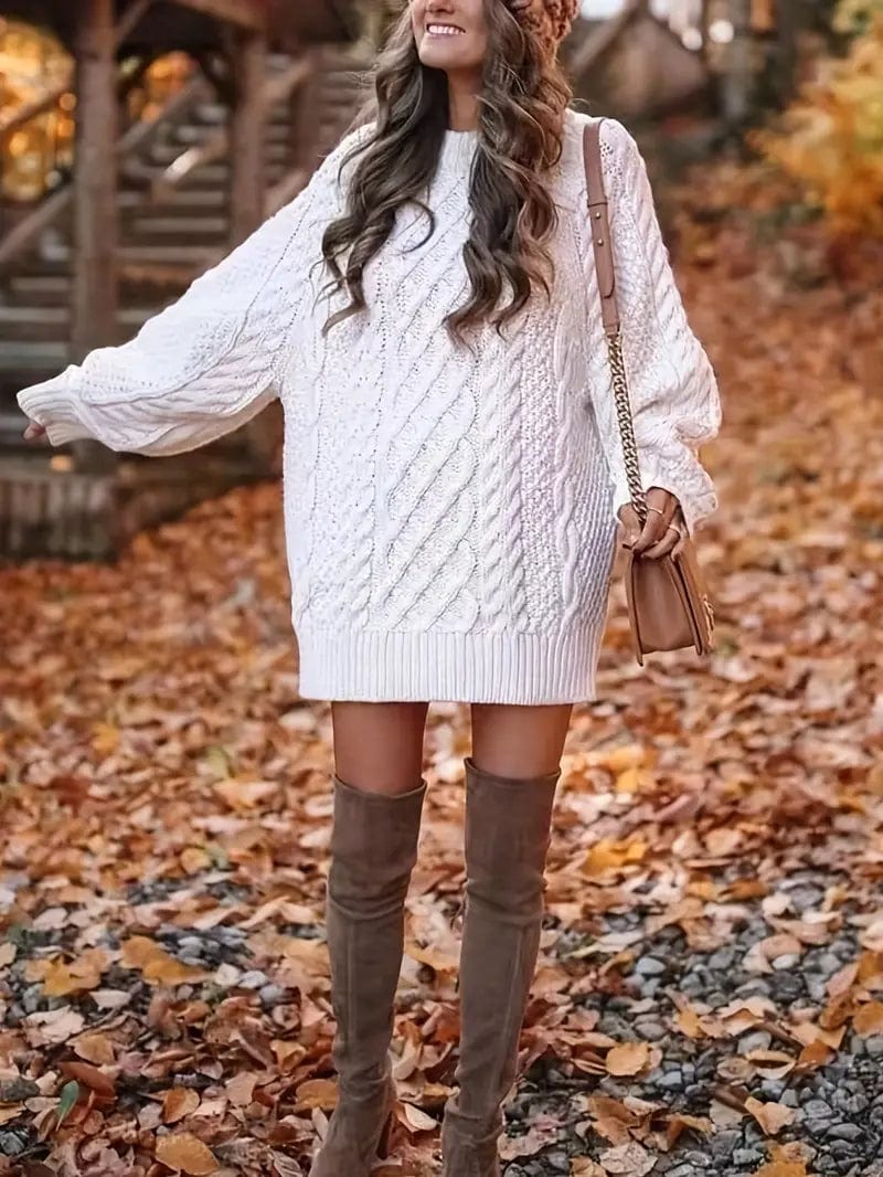 Cozy Cable Knit Long Sleeve Crew Neck Sweater Mini Dress - Image 22