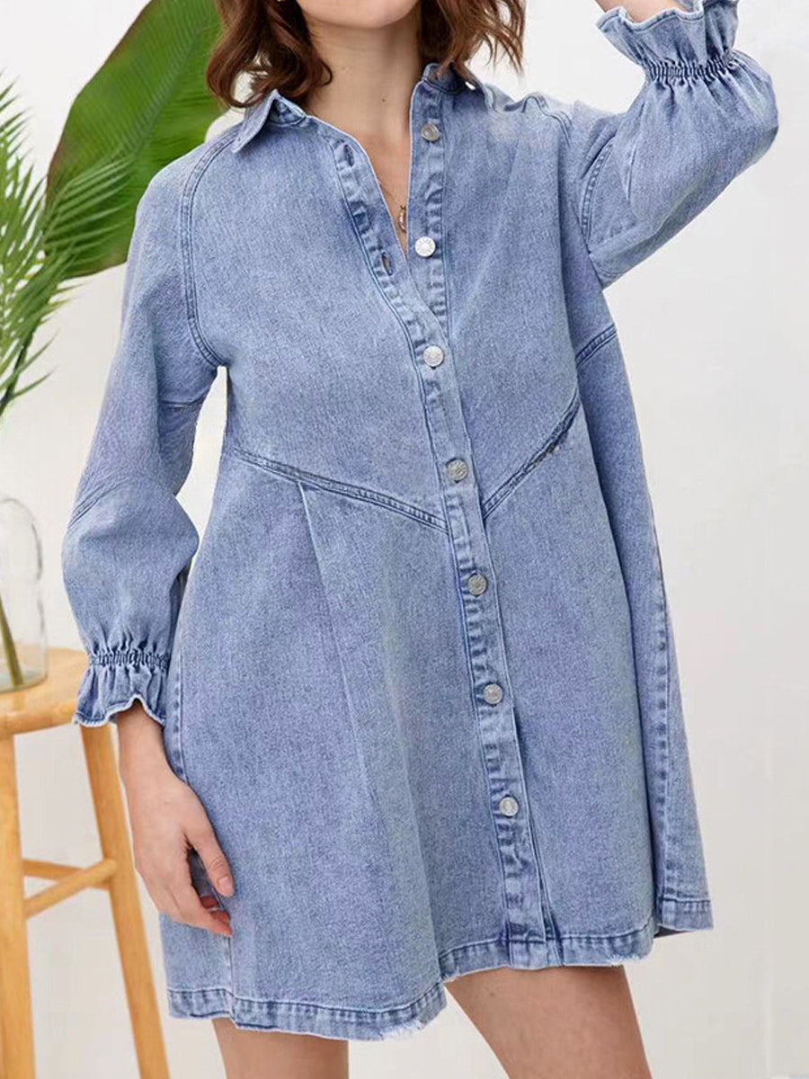 Stylish Retr Denim Lantern Sleeve Mini Dress