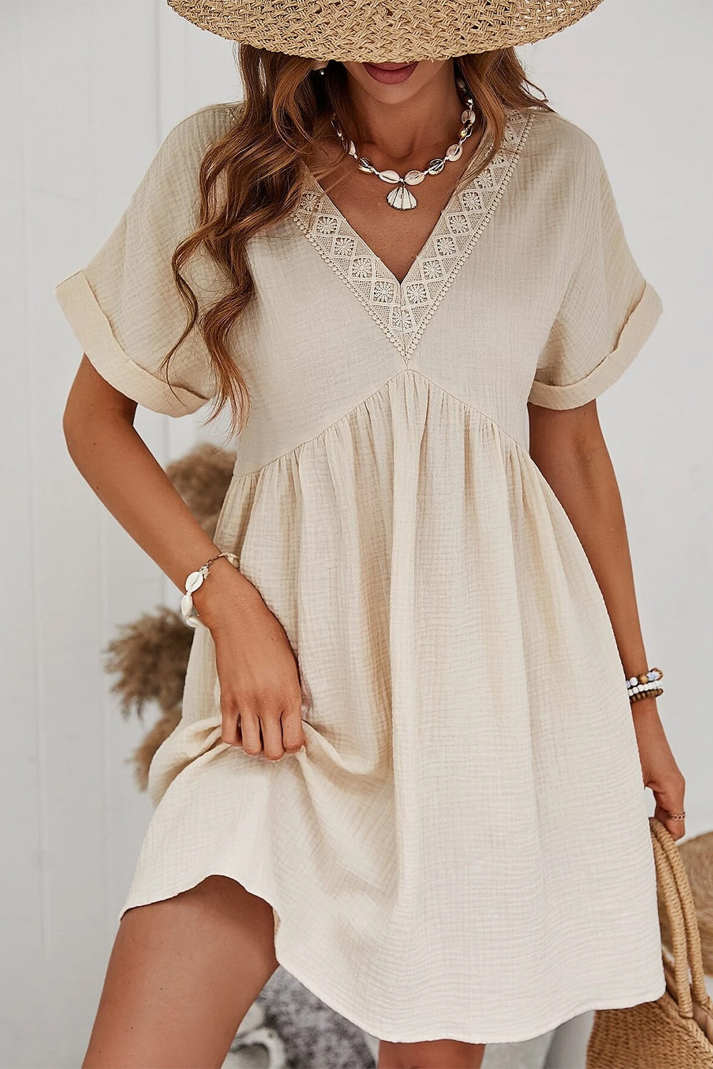 Casual Holiday Lace Stitching Waist V Neck Mini Dress