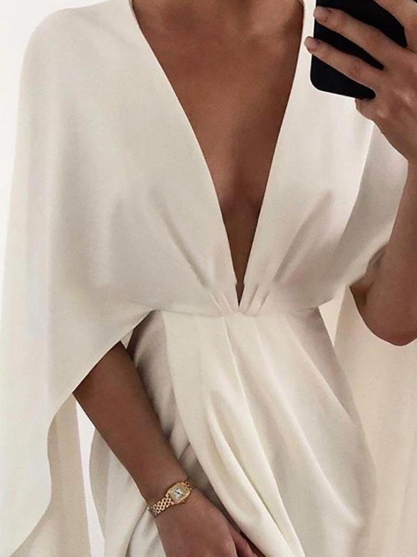 Deep V Cloak Solid Long Sleeve Dress - Image 3