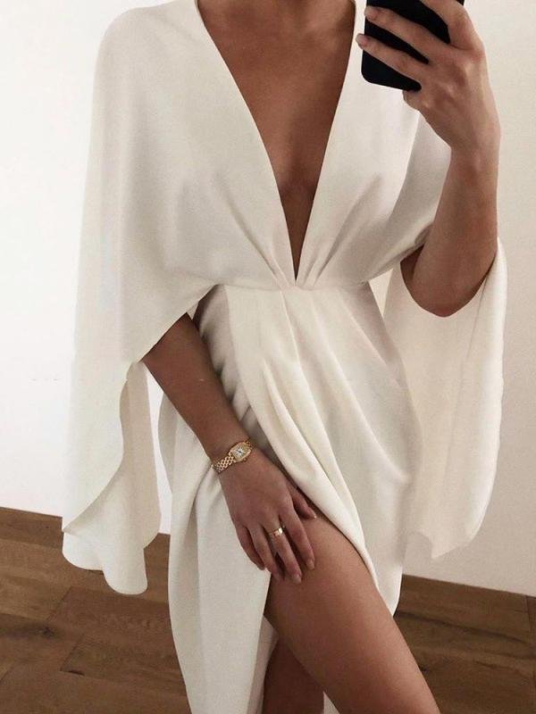 Deep V Cloak Solid Long Sleeve Dress - Image 2