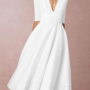 Deep V Neck Mid-sleeve Midi Dress